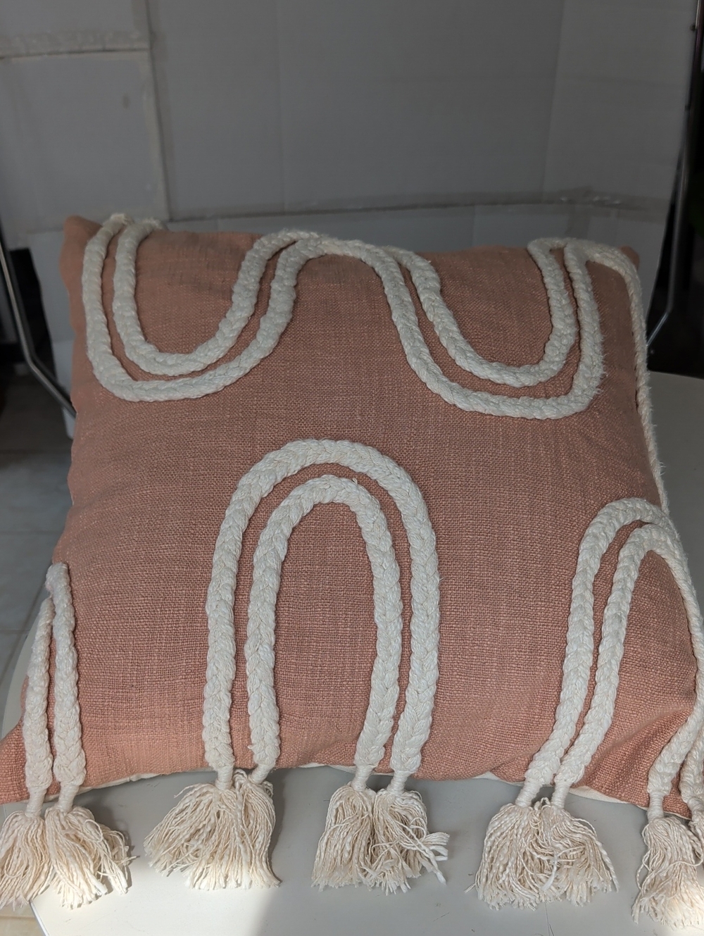 Loloi Brown Peach Braided Tassel Accent Pillow W/ Cream Rope Details Chic